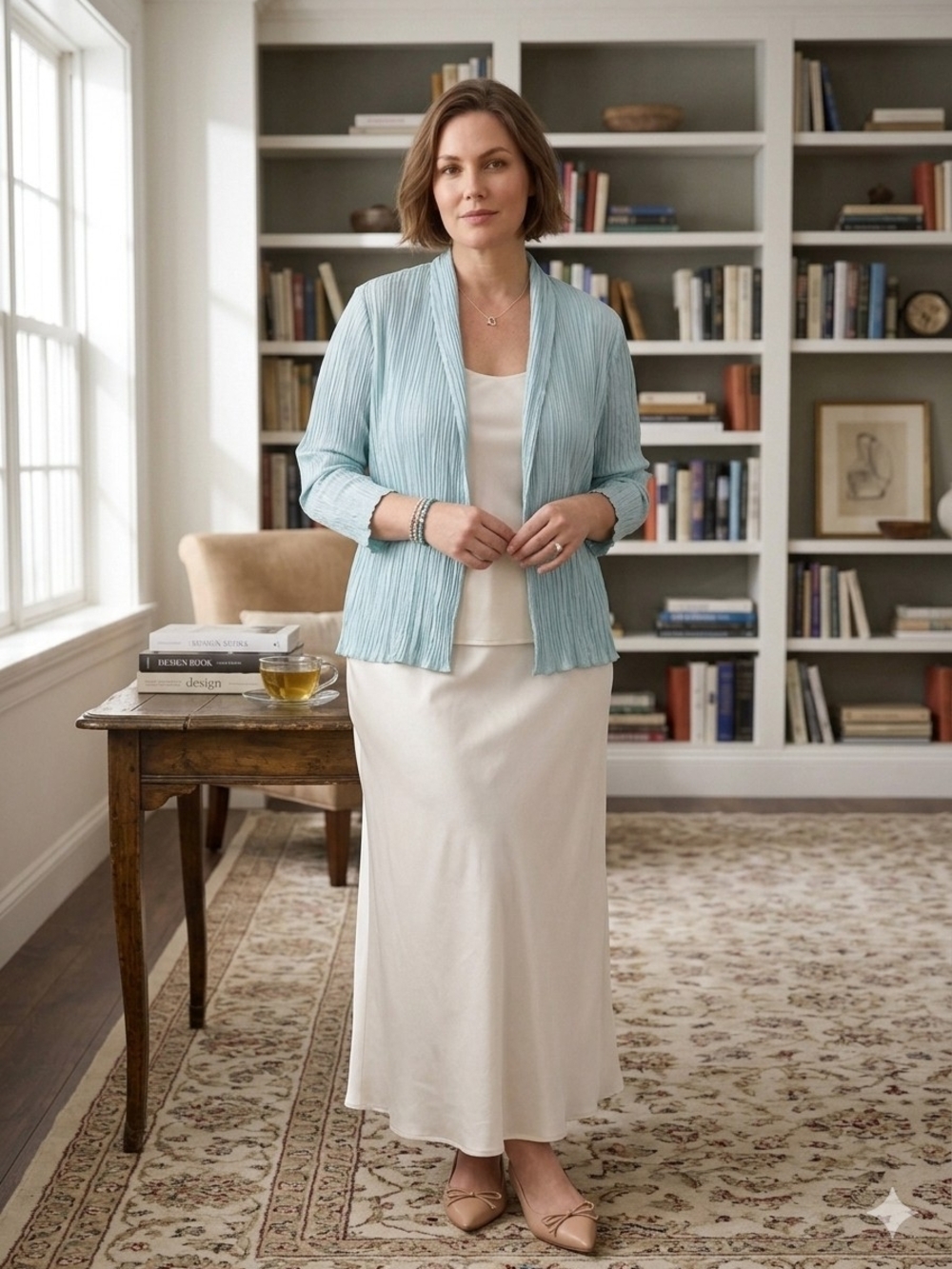 Eileen Fisher Crushed Pool Blue Silk Stand Collar Open-Front Cardigan/Jacket XL - Picture 2 of 11